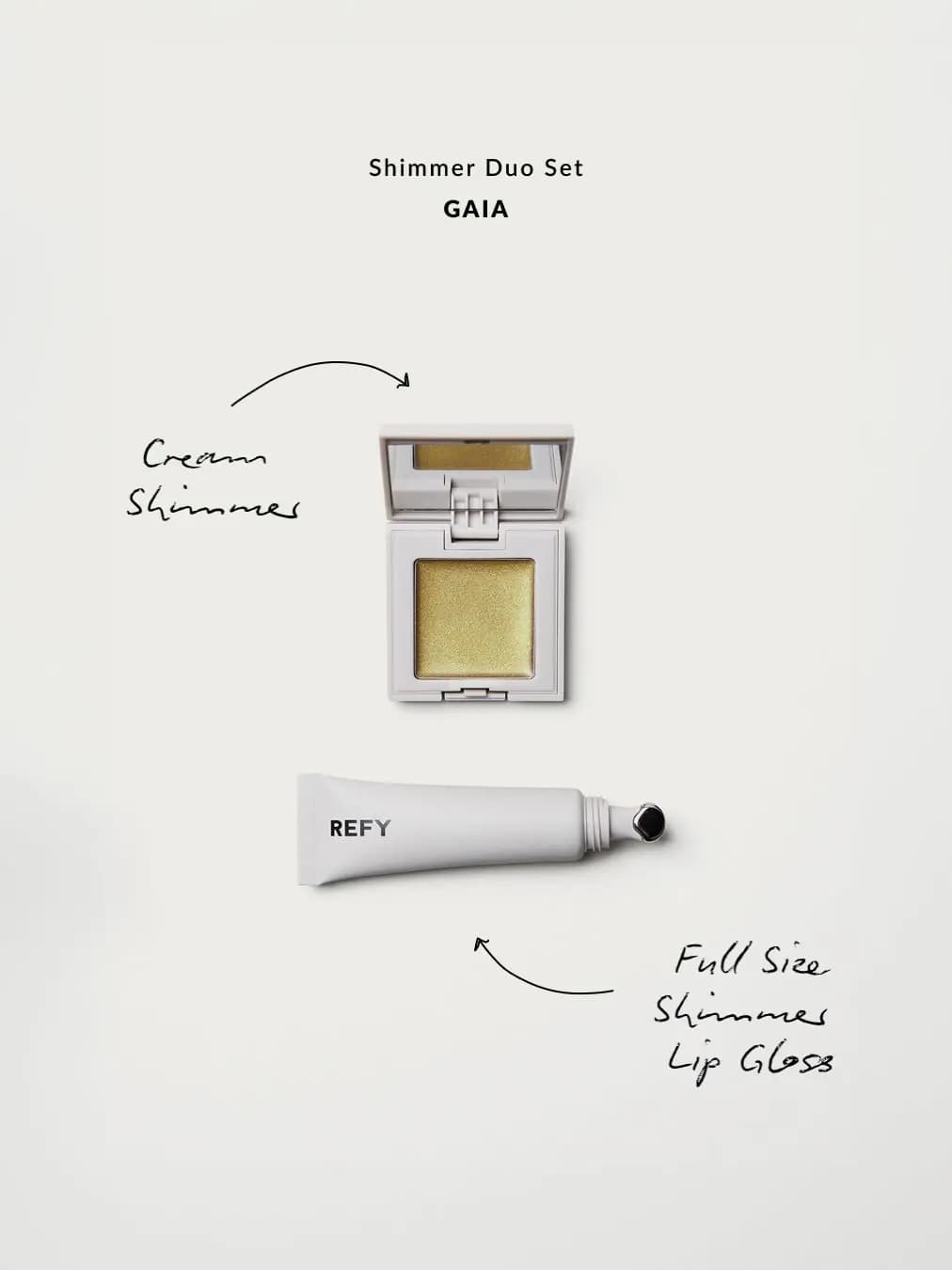 Shimmer Duo Set in Gaia featuring an open compact of green-gold cream shimmer with a REFY lip gloss tube.