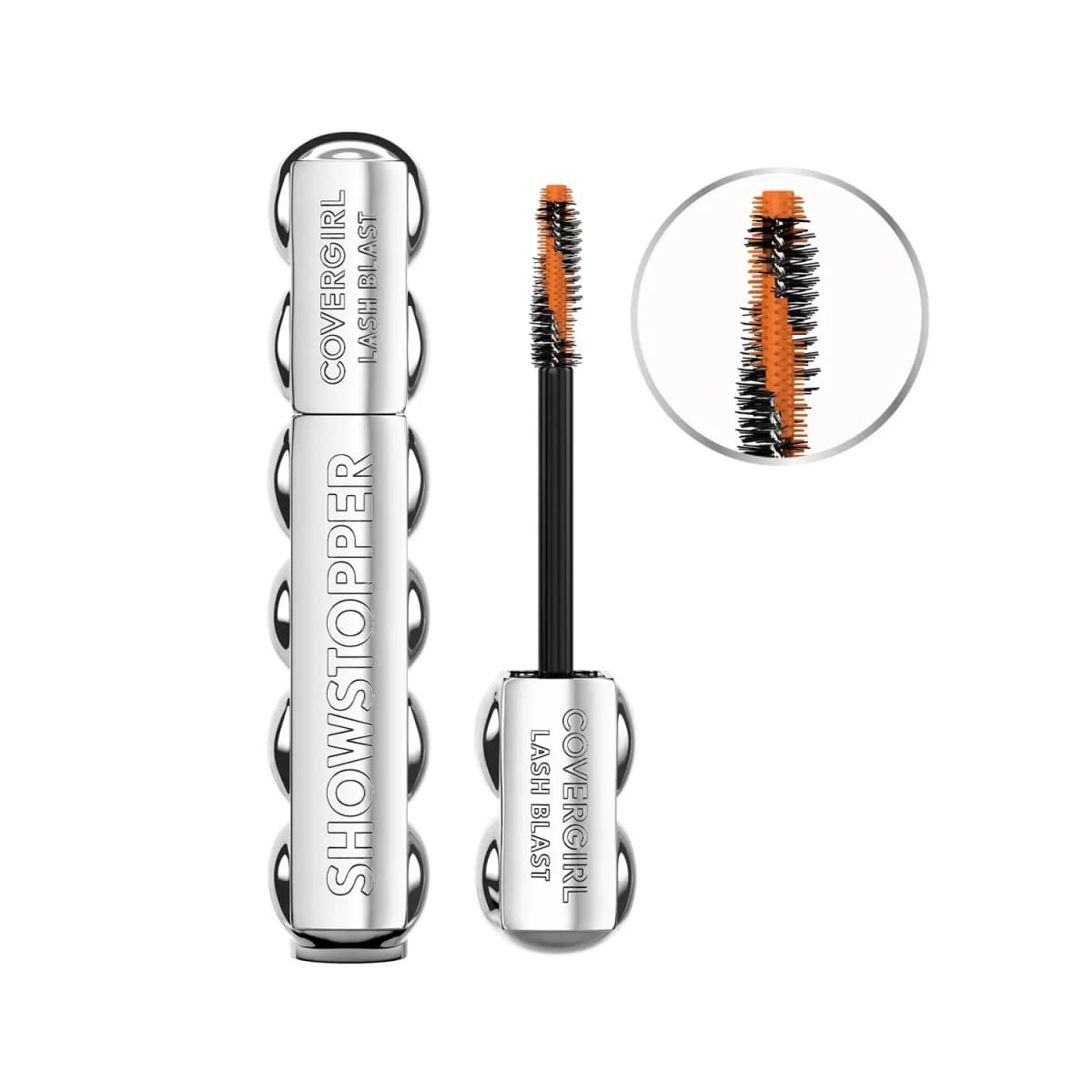 Chrome silver bubble-shaped mascara tube beside its wand, with a close-up inset of the orange and black brush