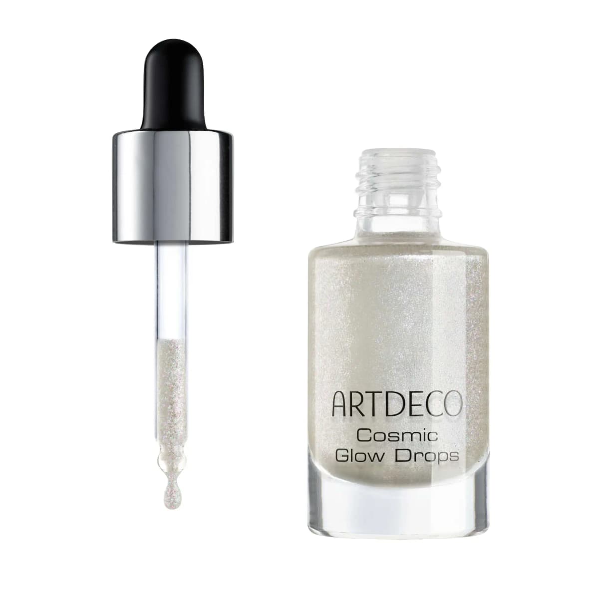 Cosmic Glow Drops in a glass bottle of pearly white shimmer liquid, open with silver and black dropper