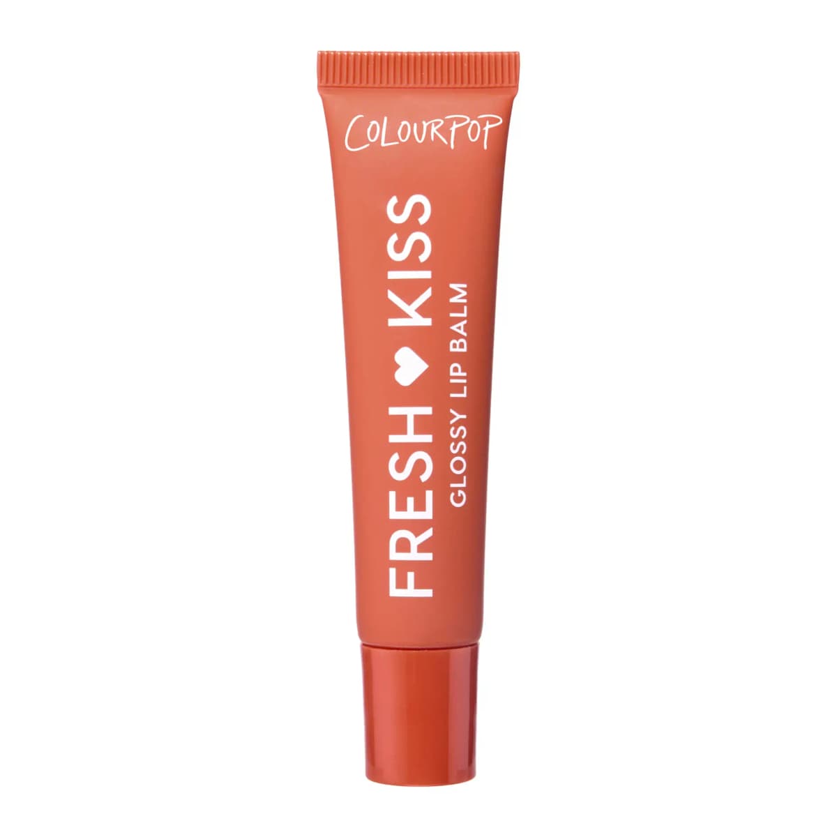 Front view of the burnt-orange ColourPop Fresh Kiss Glossy Lip Balm tube with white lettering on a white background