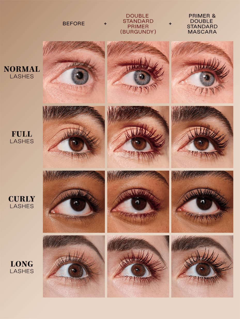Before-and-after eye grid showing normal, full, curly and long lashes with burgundy primer, then primer plus mascara