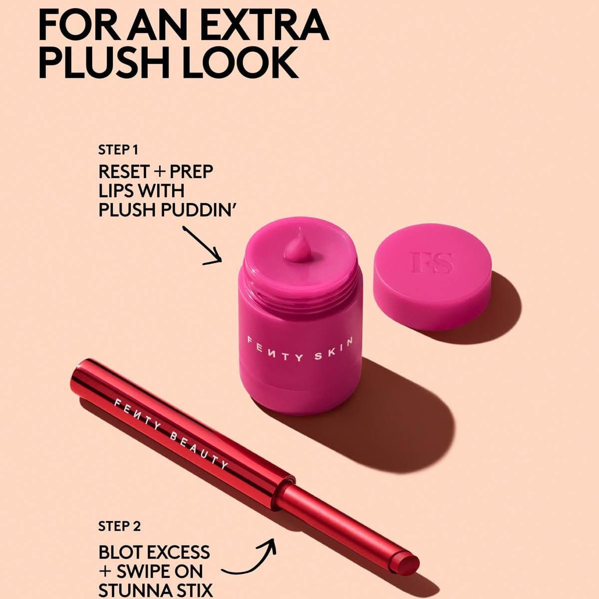 Two-step guide: prep lips with a pink Fenty Skin Plush Puddin' jar, then blot and swipe on the red lipstick