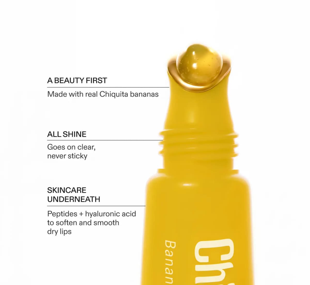 Close-up of the gold-rimmed applicator tip with a clear gel drop, labelled beauty first, all shine and skincare claims