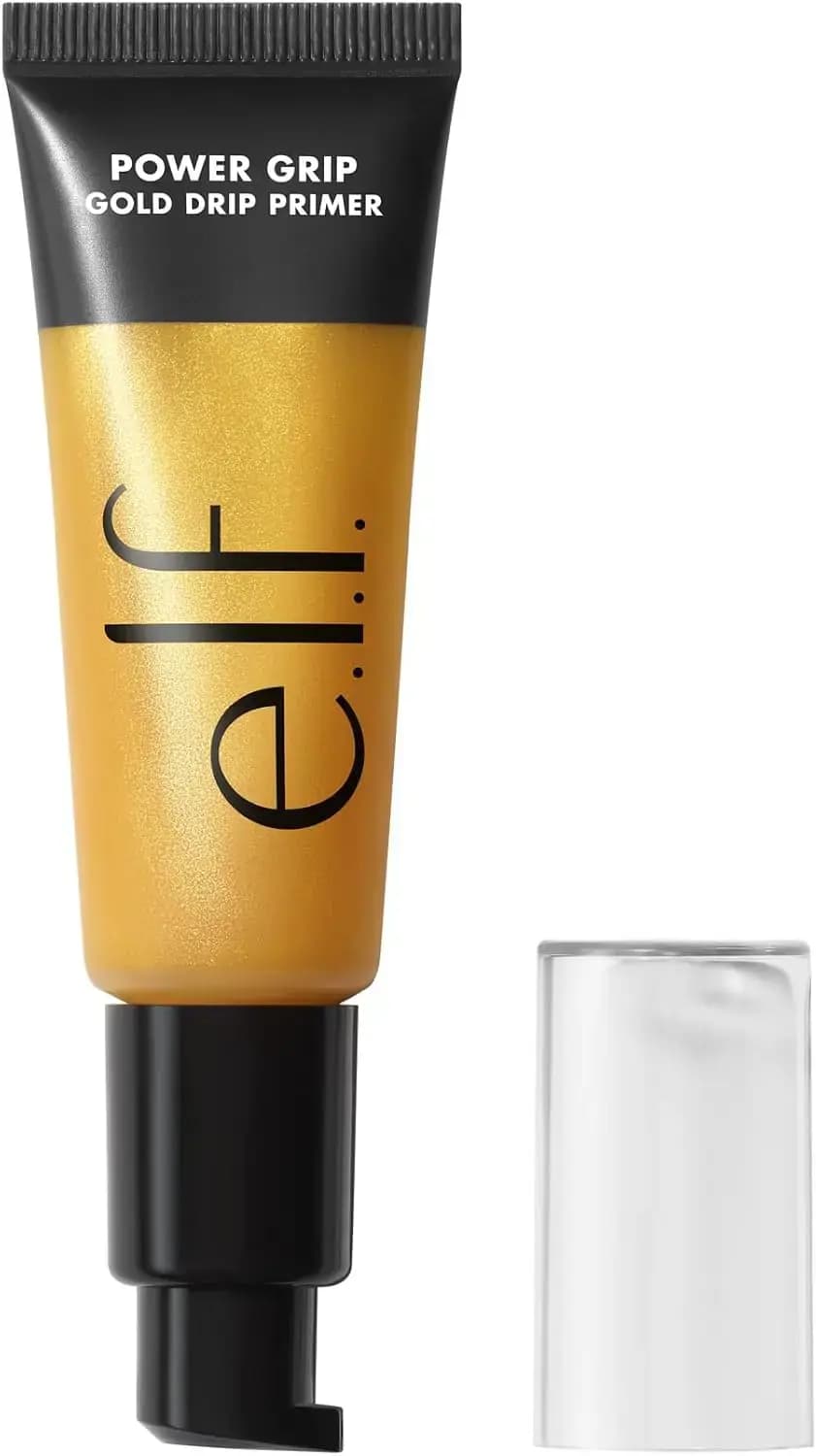 Power Grip Gold Drip Primer gold tube with black cap and pump tip beside its clear removable cover.