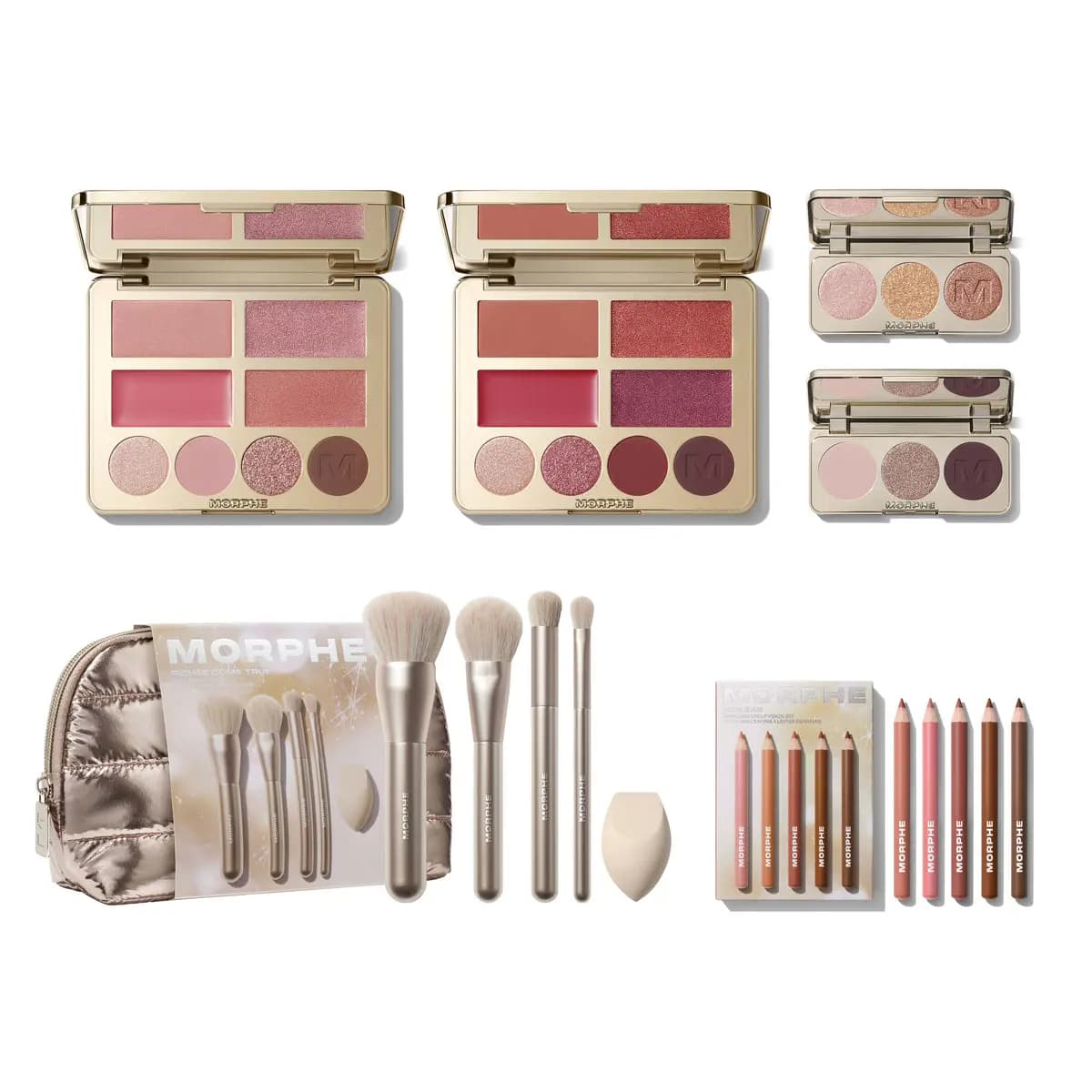 Morphe Holiday 2026 Collection lineup: two gold face and eye palettes, two eyeshadow trios, brush set with pouch