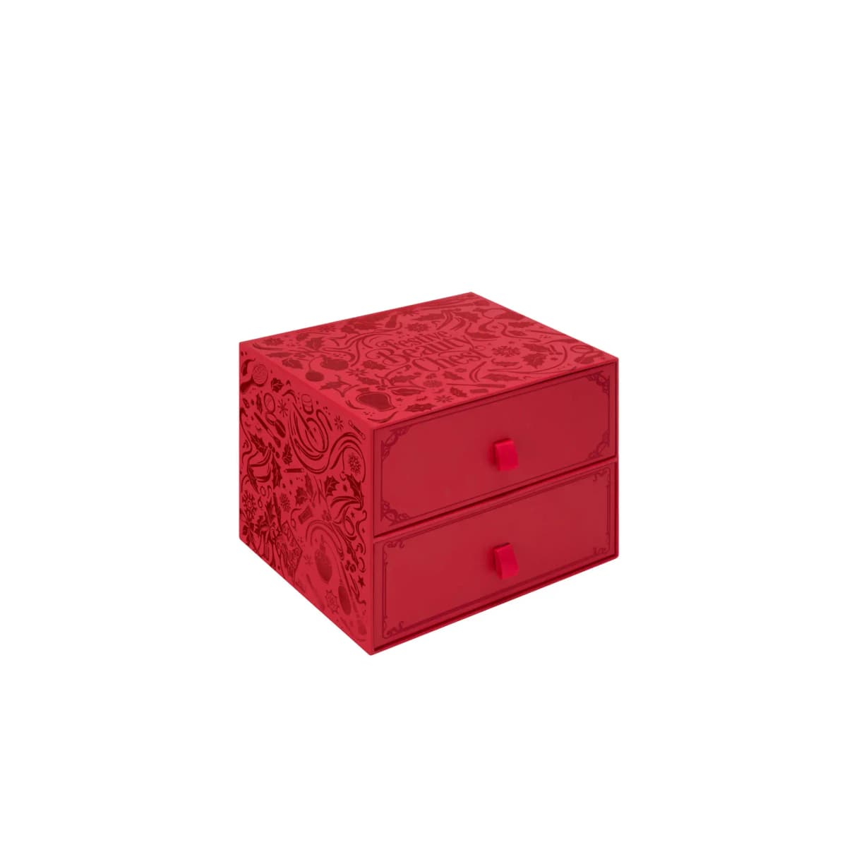 Closed red two-drawer chest with embossed festive pattern and ribbon pulls on a white background