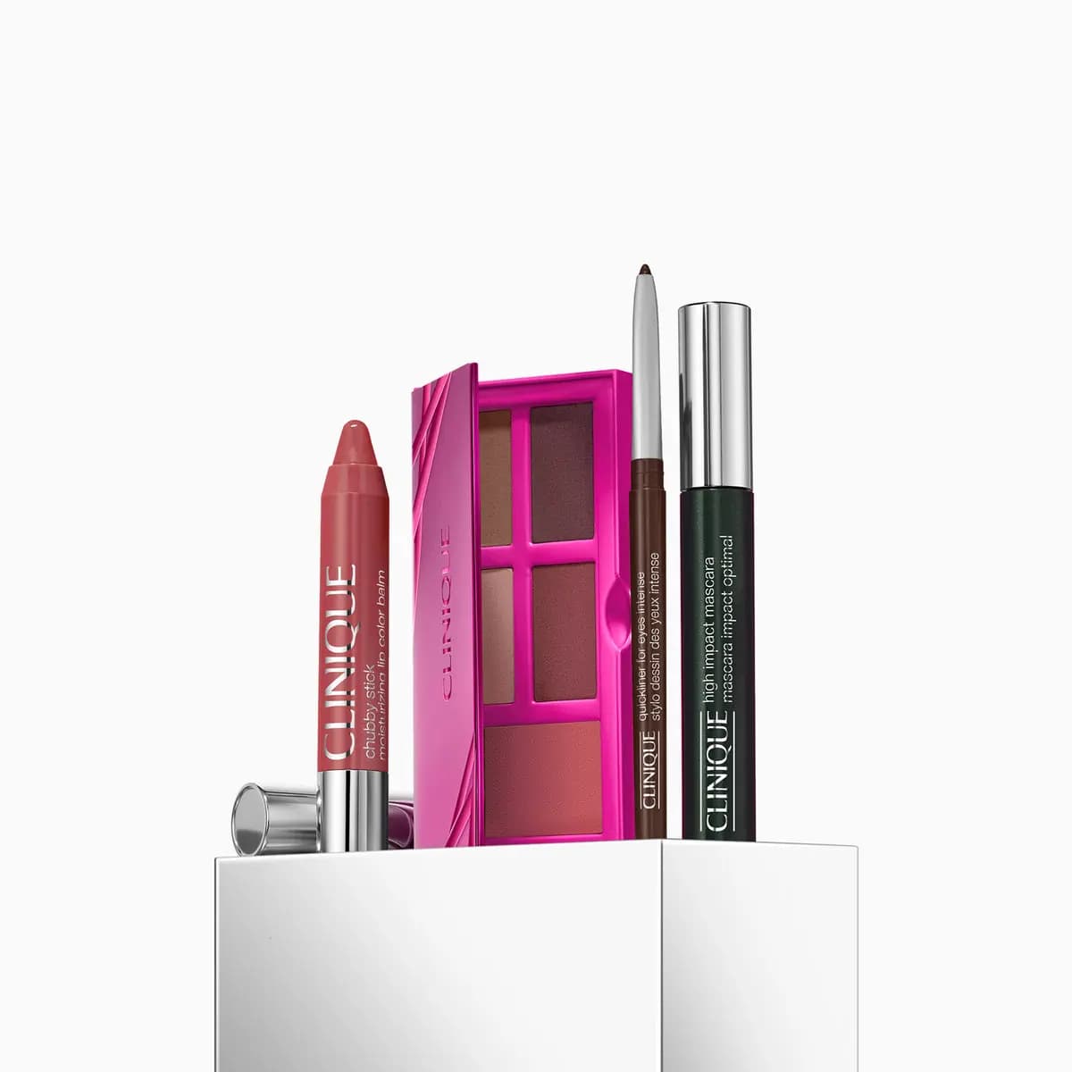 Chubby Stick lip balm, pink eyeshadow palette, Quickliner for Eyes Intense and green High Impact Mascara