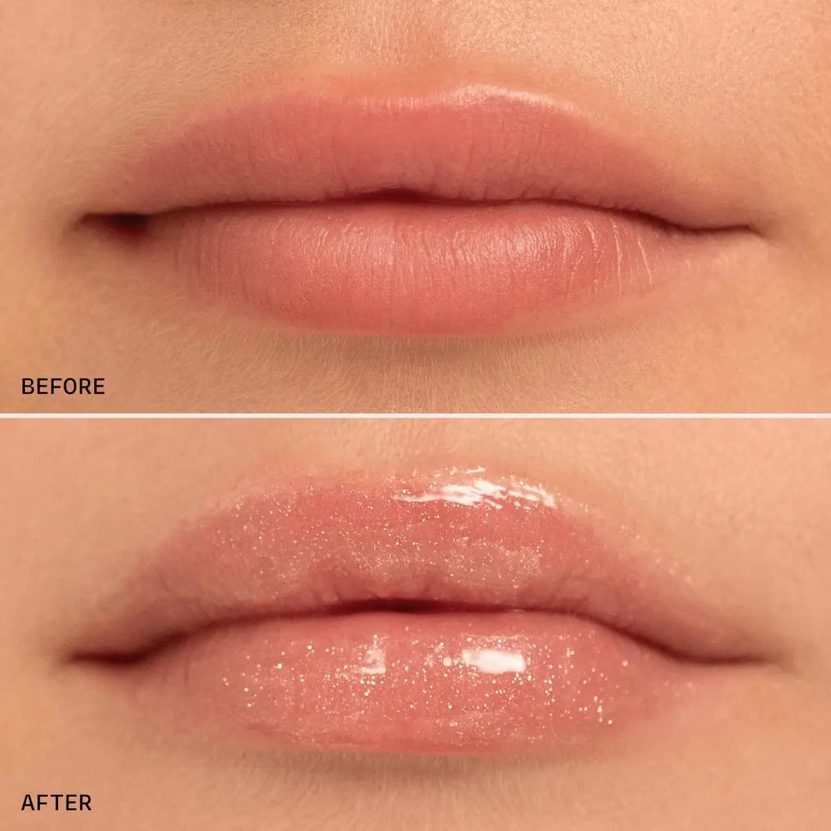 Before and after on light skin: bare lips, then a sheer glossy layer with gold shimmer flecks