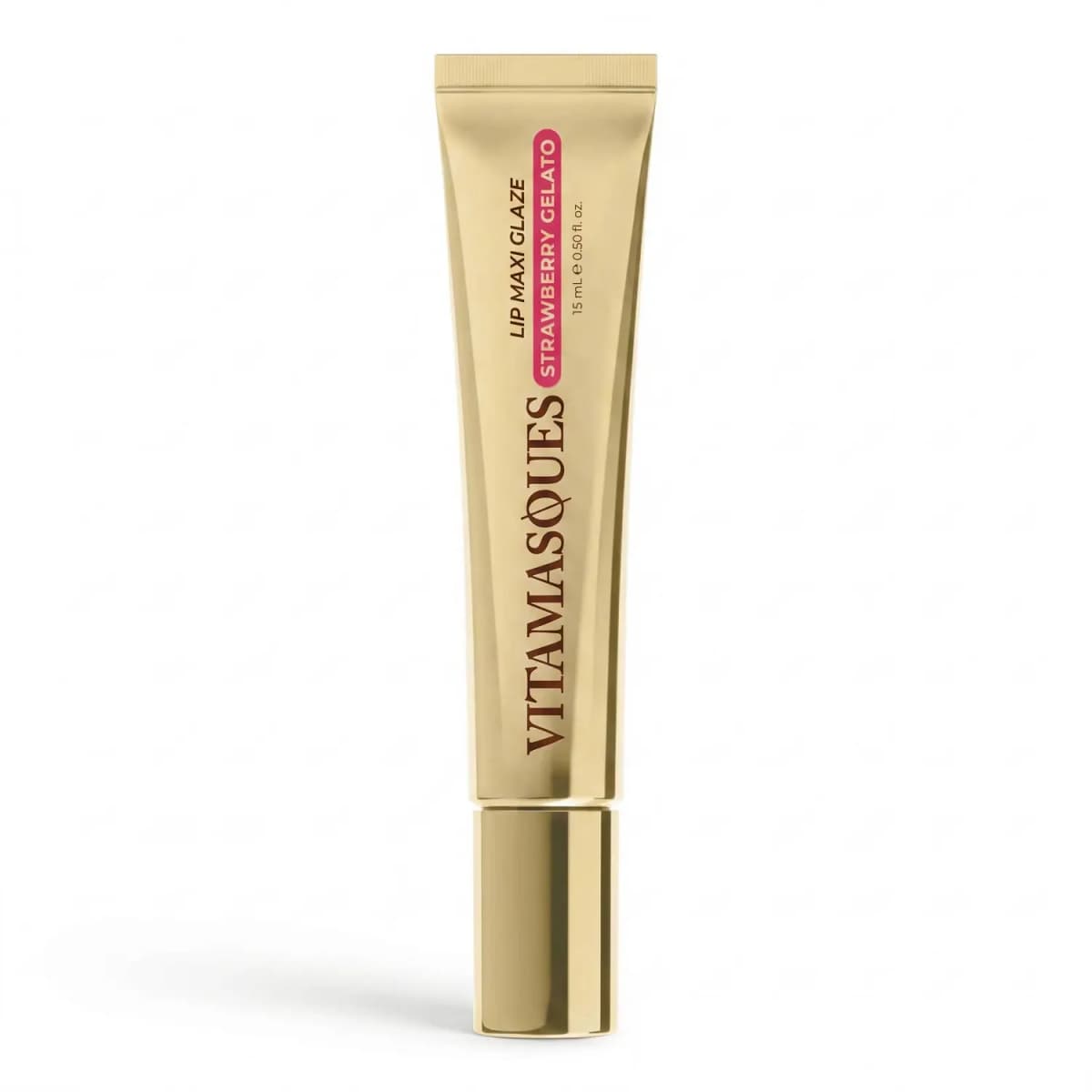 Gold Vitamasques Lip Maxi Glaze tube in Strawberry Gelato with a pink shade label on a plain white background