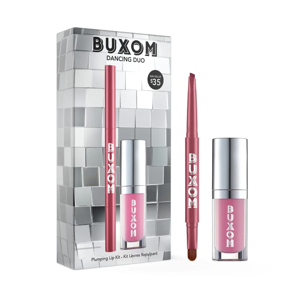 BUXOM Dancing Duo box with disco-tile silver print, $35 price badge, beside a mauve lip liner and pink lip oil.
