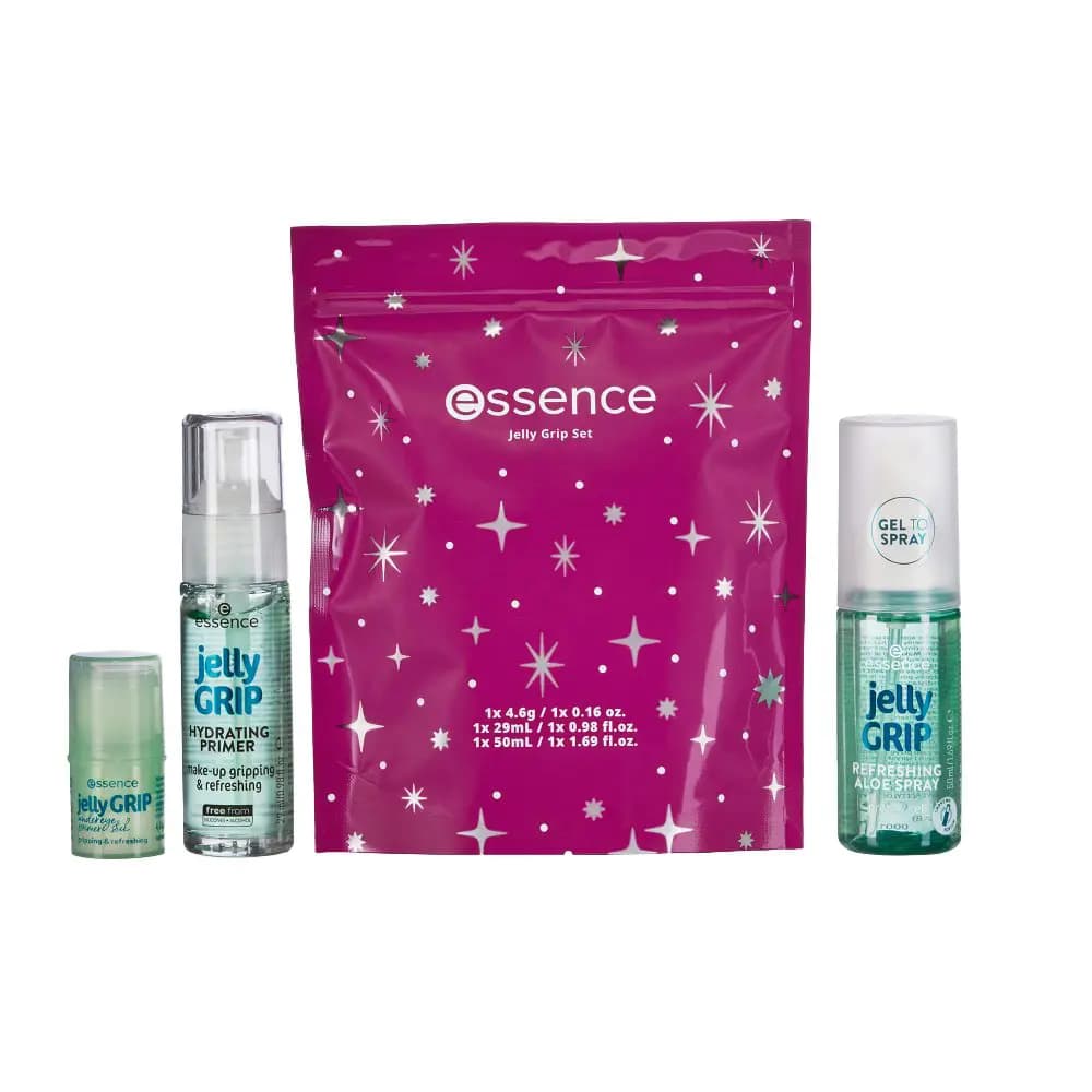 Jelly Grip Set magenta starry pouch with stick, hydrating primer and refreshing aloe spray