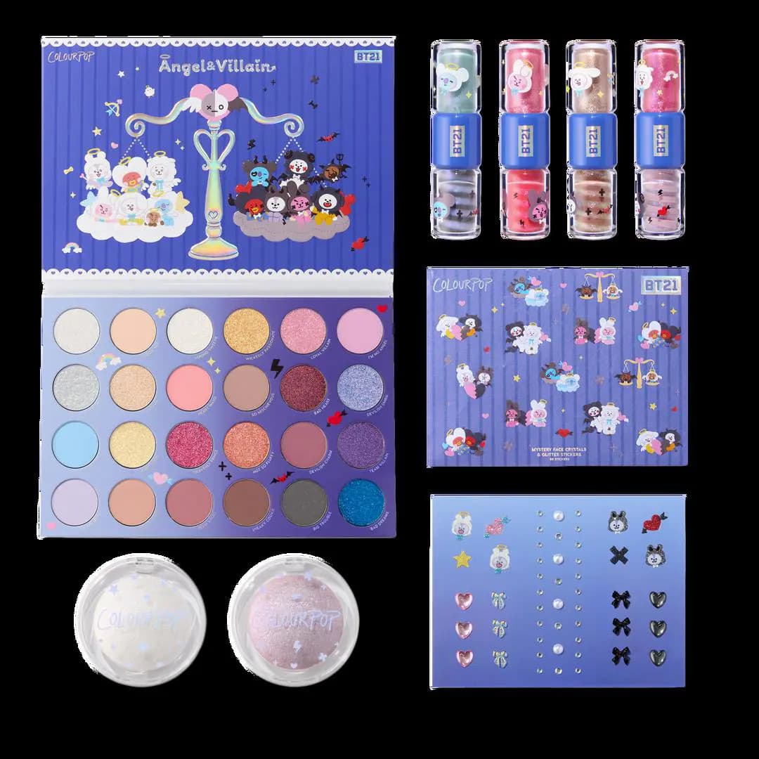 Full ColourPop x BT21 Angel & Villain Collection with palette, four lip gloss duos, two highlighters, and crystal stickers.