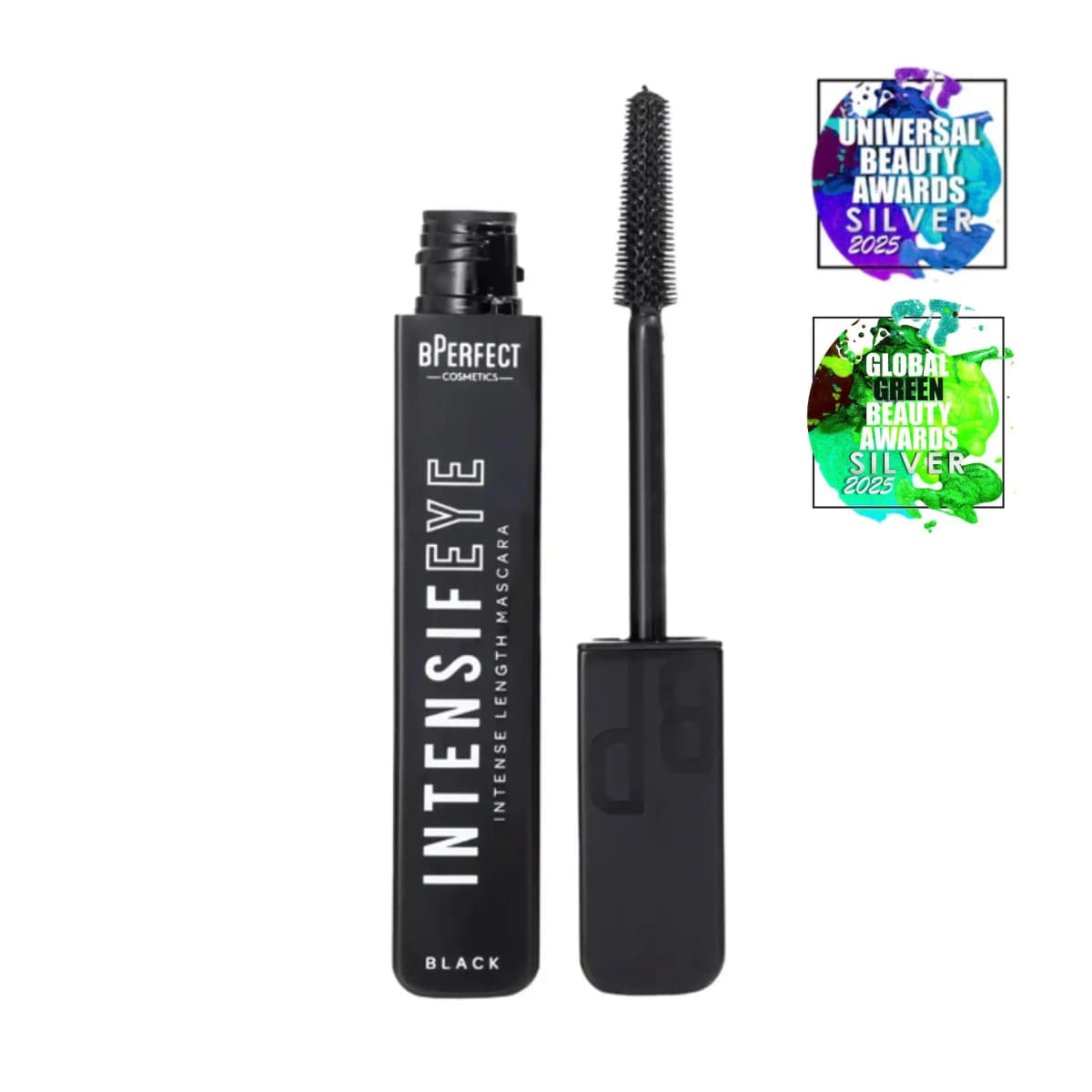 Black BPerfect Intensifeye length mascara with wand beside it and two 2025 silver beauty award badges