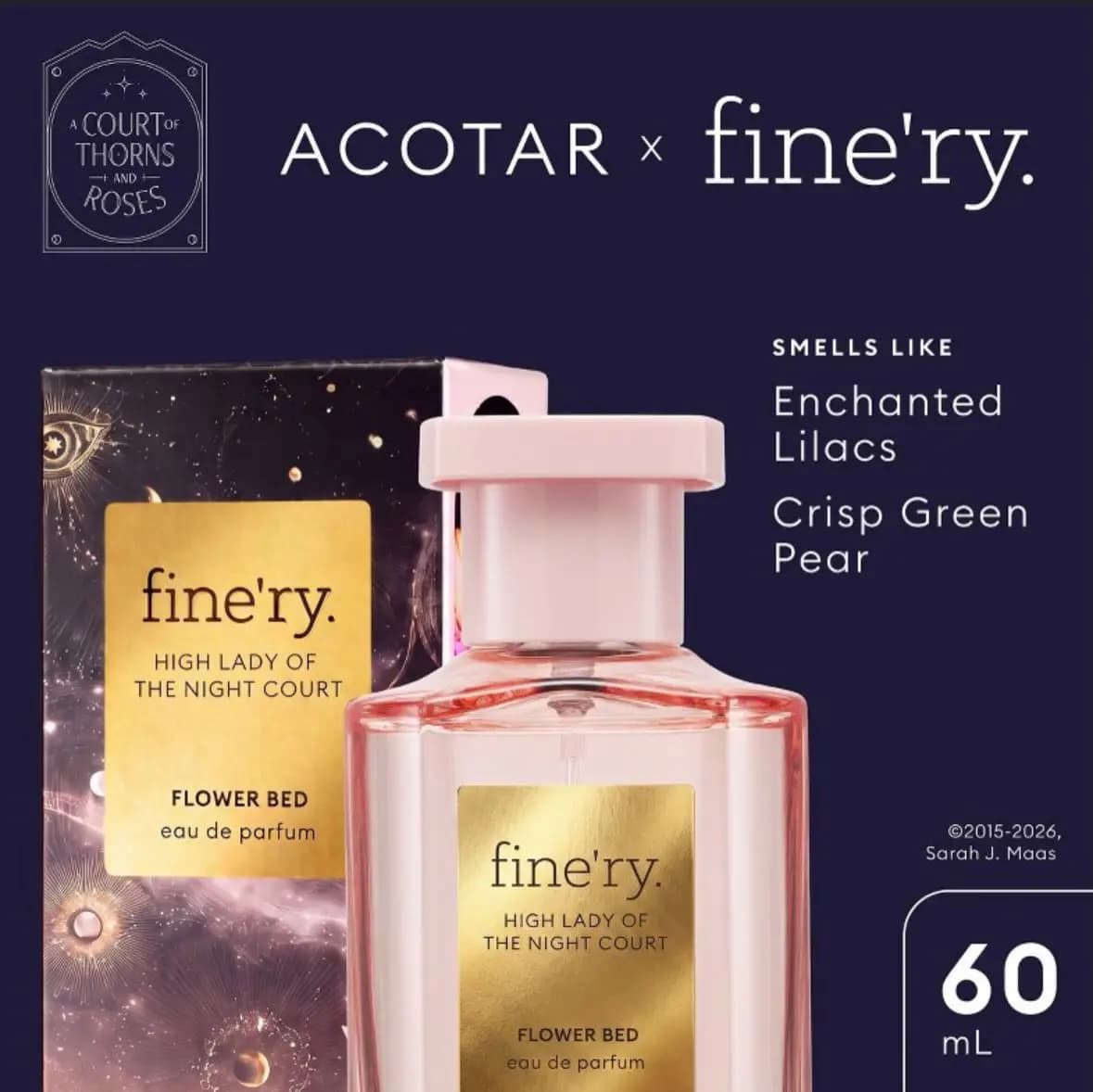 Pink High Lady of the Night Court bottle with gold label and purple celestial box, notes Enchanted Lilacs