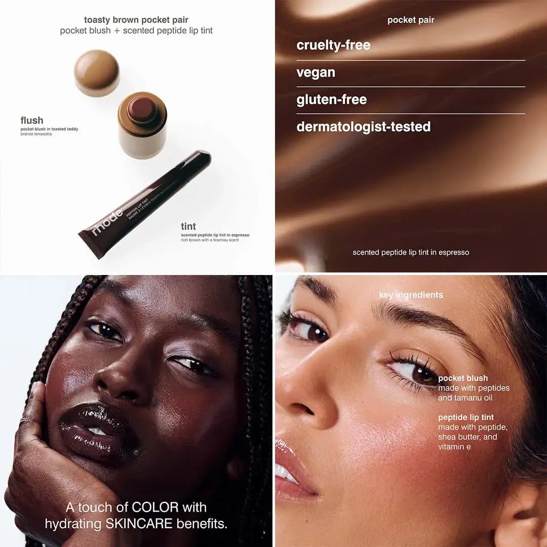 Toasty brown pocket pair with Toasted Teddy blush and Espresso tint tube, model with glossy brown lips and bronzed glow