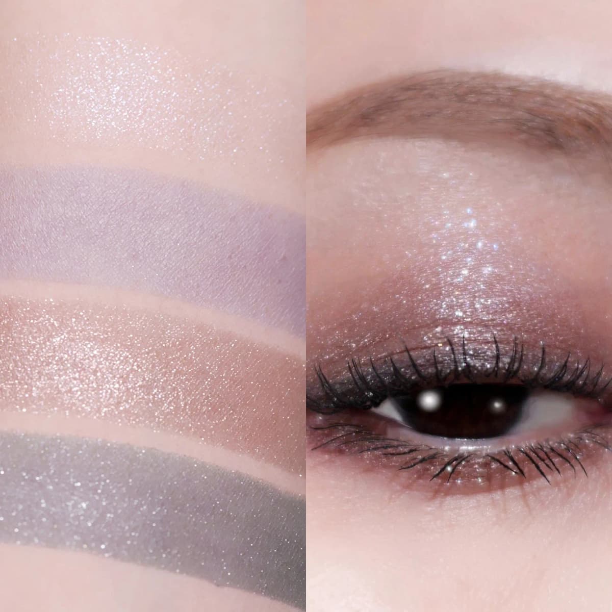 Arm swatches of white sparkle, lilac, champagne and grey glitter beside an eye wearing smoky silver-mauve shadow