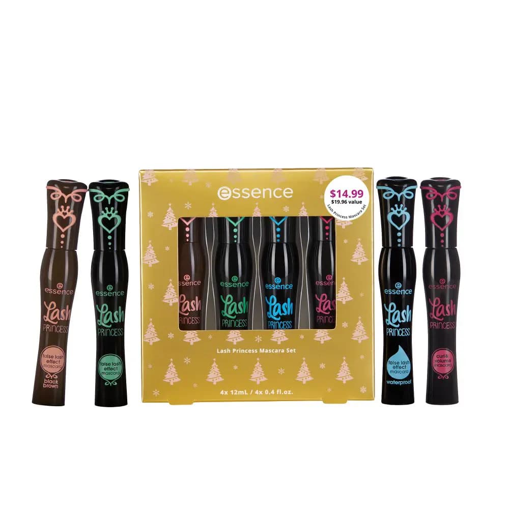 Lash Princess Mascara Set gold Christmas-tree box with four mascaras, $14.99 sticker