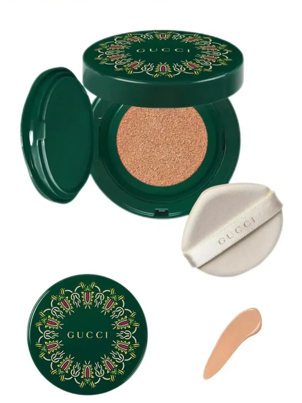 Open green Gucci cushion compact with beige sponge, satin puff, ornate closed lid and a beige foundation swatch