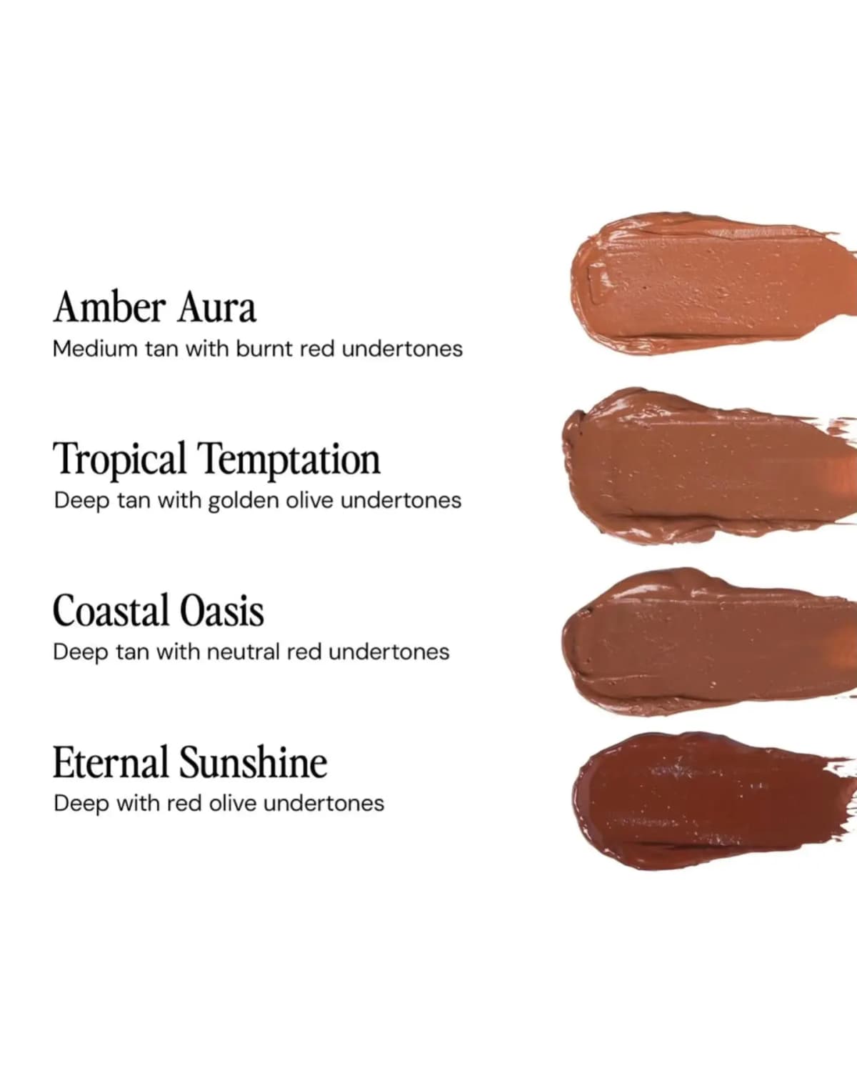 Swatches of Amber Aura, Tropical Temptation, Coastal Oasis and Eternal Sunshine, medium tan to deep