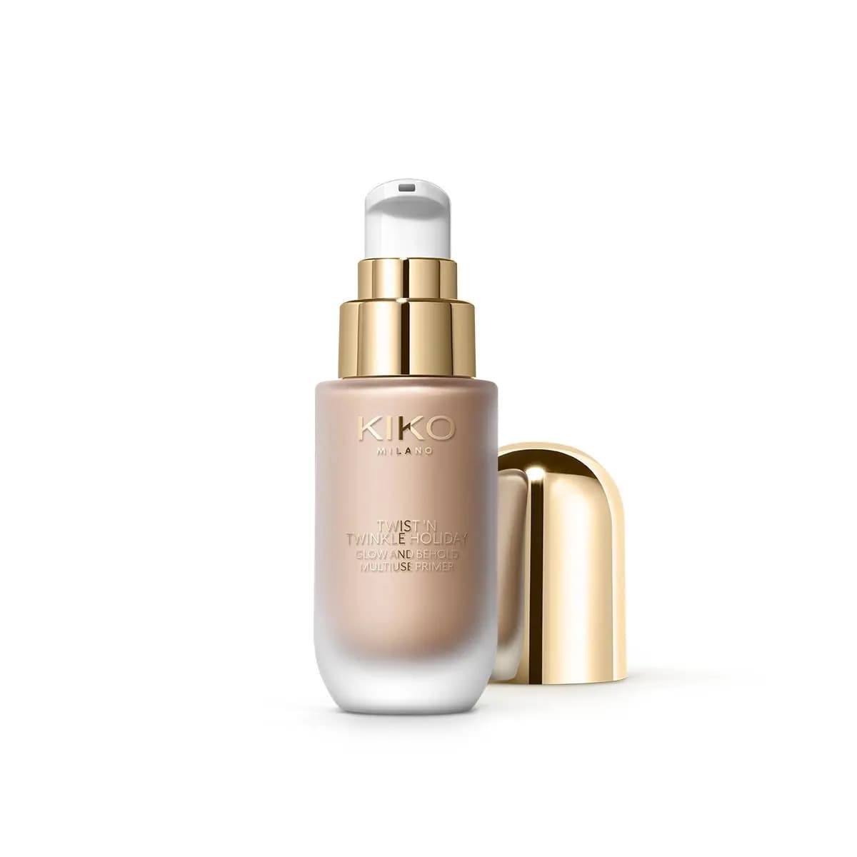 Glow and Behold Multiuse Primer in frosted rosy-beige bottle with gold pump collar and gold dome cap