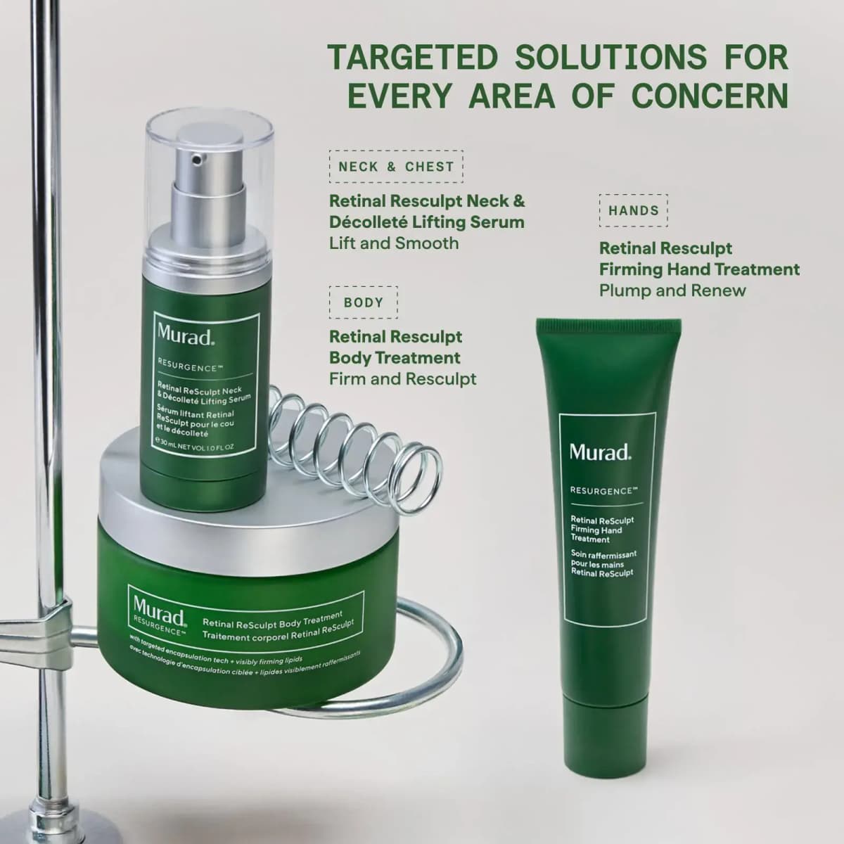 Murad Resurgence neck serum, body treatment jar and hand treatment tube on a metal stand with a coil spring