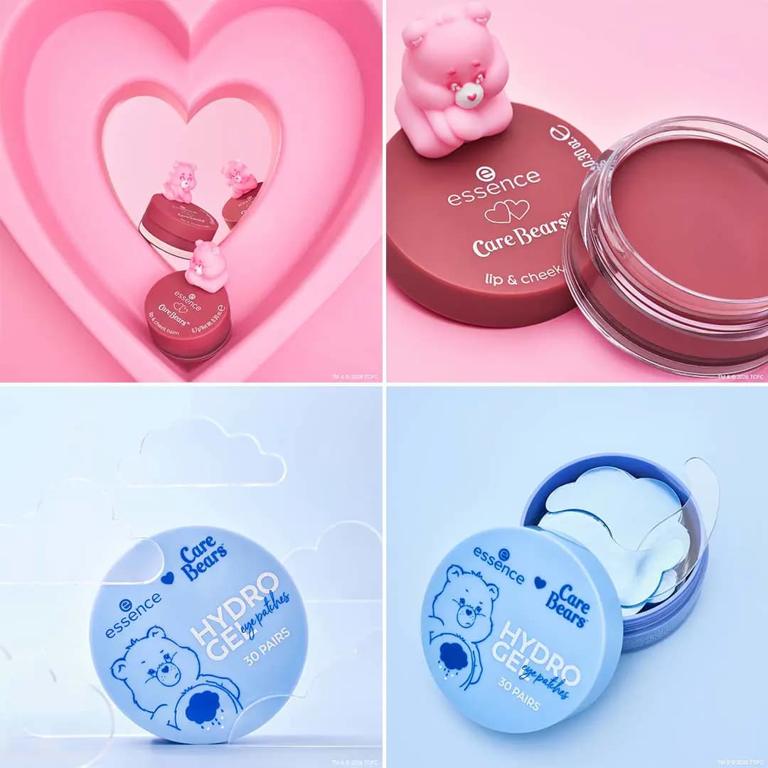 Grid showing burgundy lip & cheek balm with pink bear topper and blue Hydro Gel eye patches tin with clear patches.