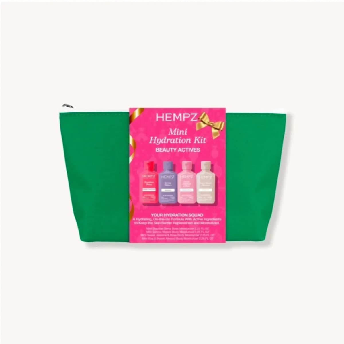 Green zippered cosmetic pouch with pink Hempz Mini Hydration Kit Beauty Actives card showing four mini bottles