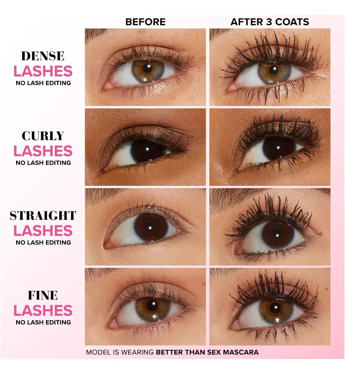 Before and after 3 coats of Better Than Sex Mascara on dense, curly, straight and fine lashes