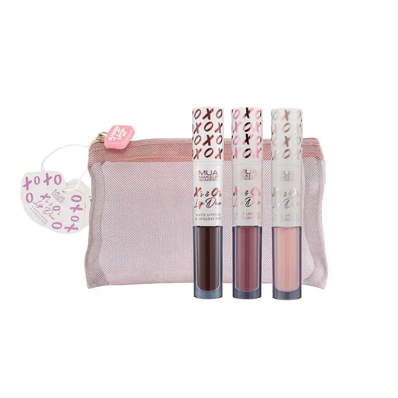 MUA X's & O's Lip Duo trio in brown, mauve and pale pink shades in front of a shimmery pink mesh pouch with tag.