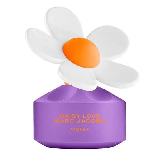 Compact purple Daisy Love Marc Jacobs Violet flacon crowned with a single large white daisy and orange centre
