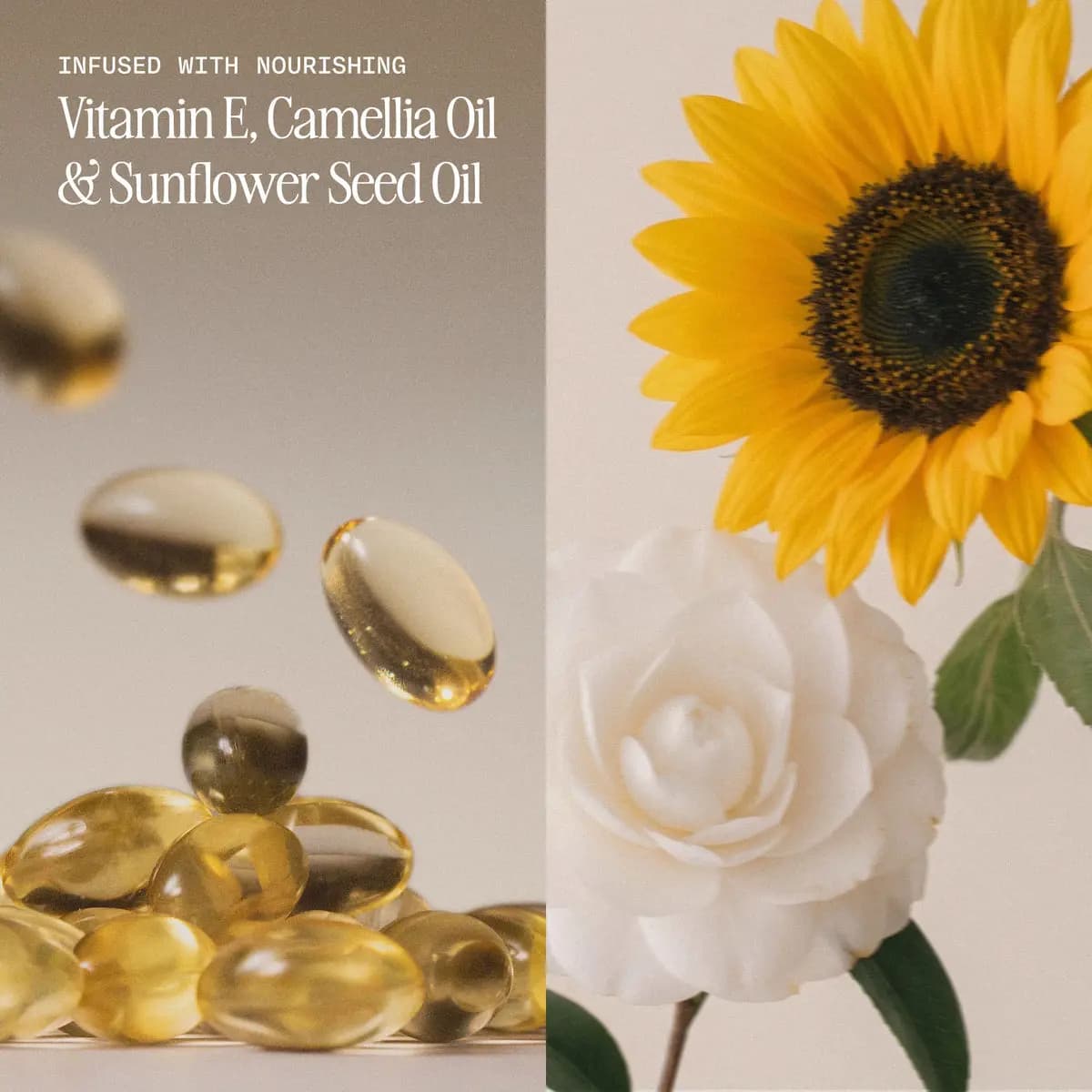 Golden vitamin E capsules beside a sunflower and white camellia, highlighting the nourishing oils in the formula