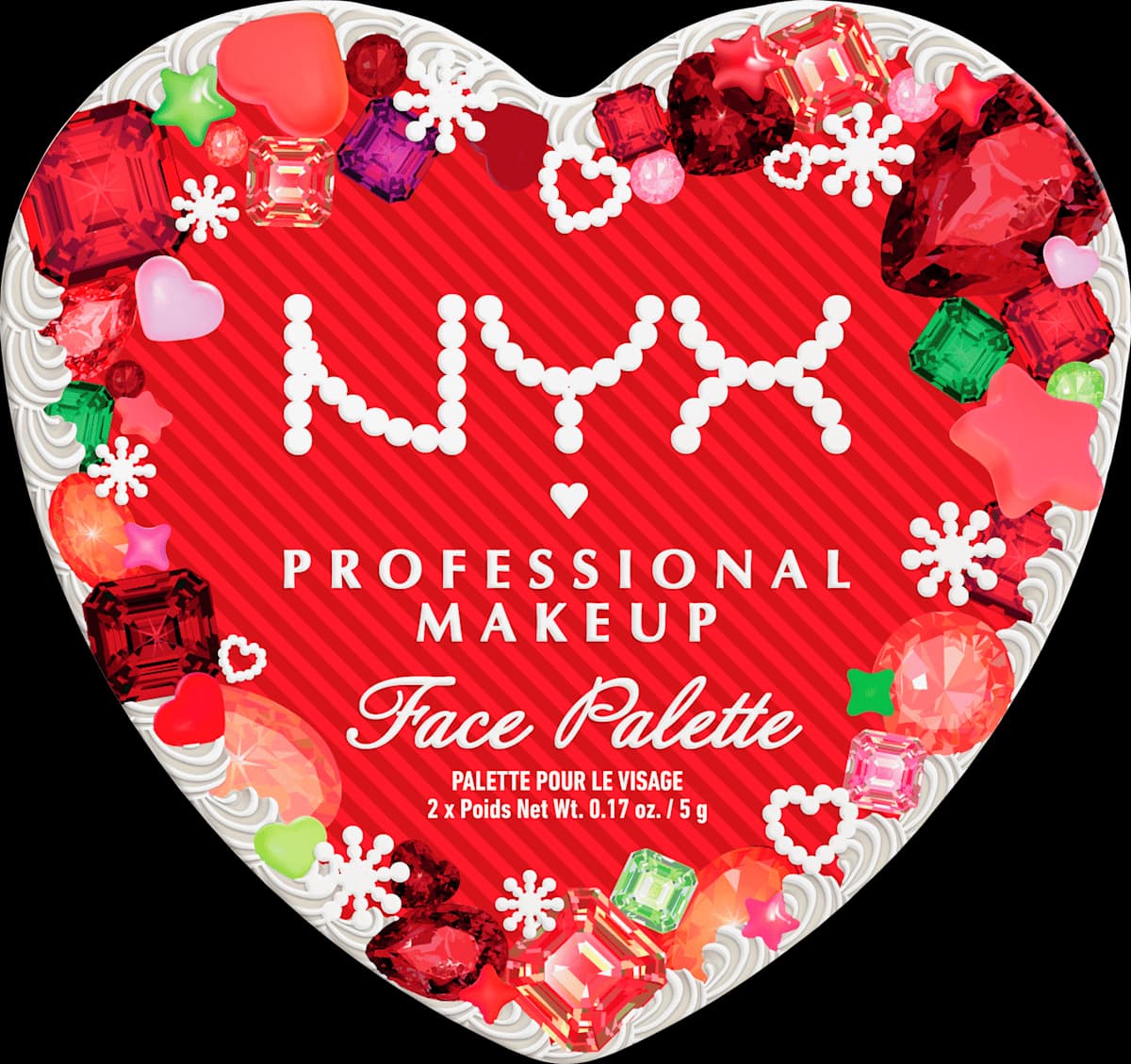 NYX Face Palette in heart-shaped red case adorned with ruby gems, pearls and snowflake accents.