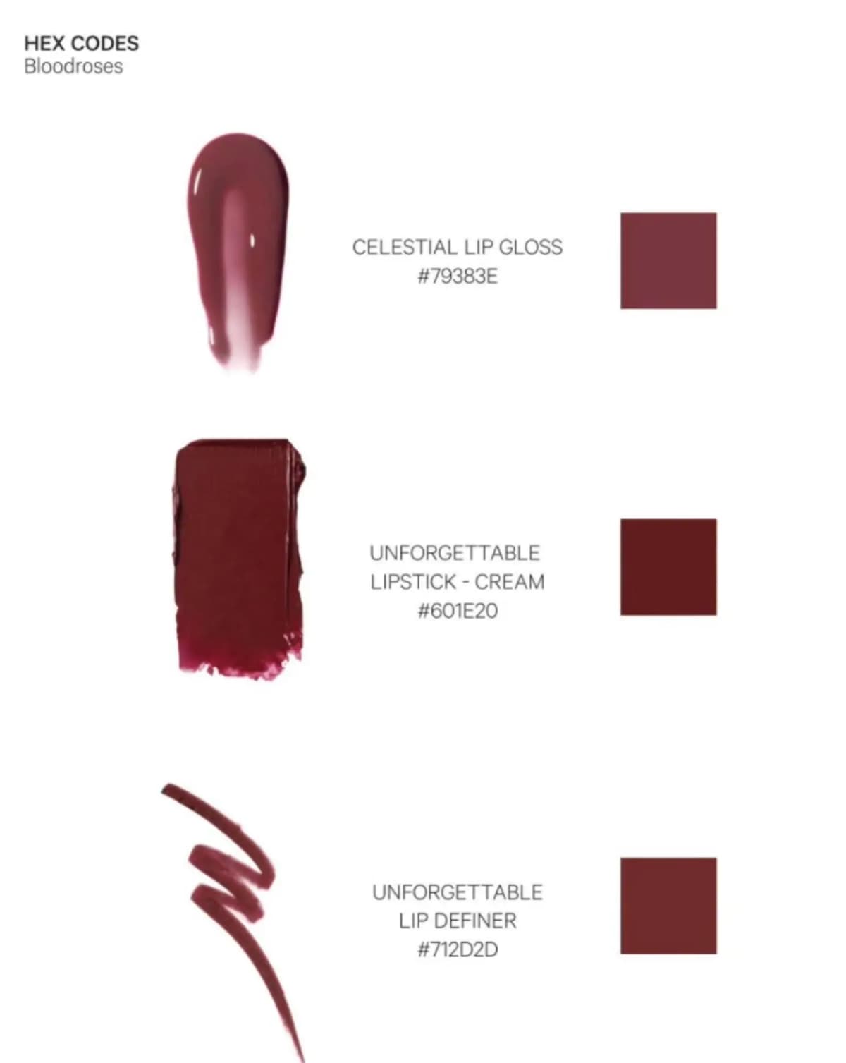 Bloodroses hex code chart: gloss #79383E, cream lipstick #601E20 and lip definer #712D2D beside colour squares