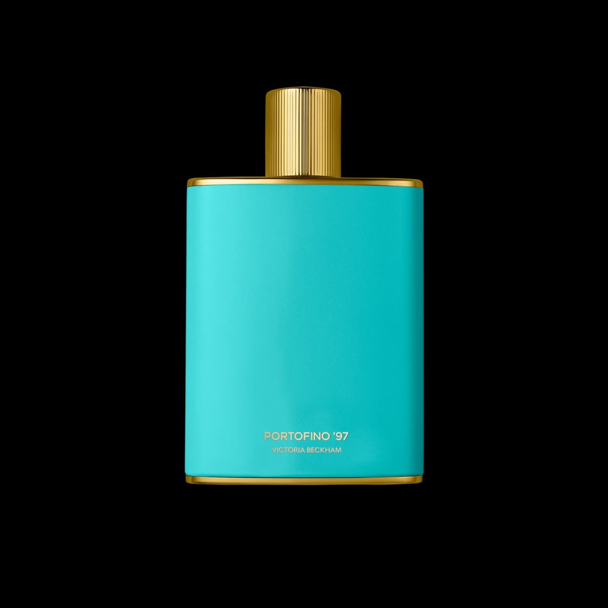Turquoise and gold rectangular Portofino '97 Victoria Beckham fragrance bottle with fluted gold cap