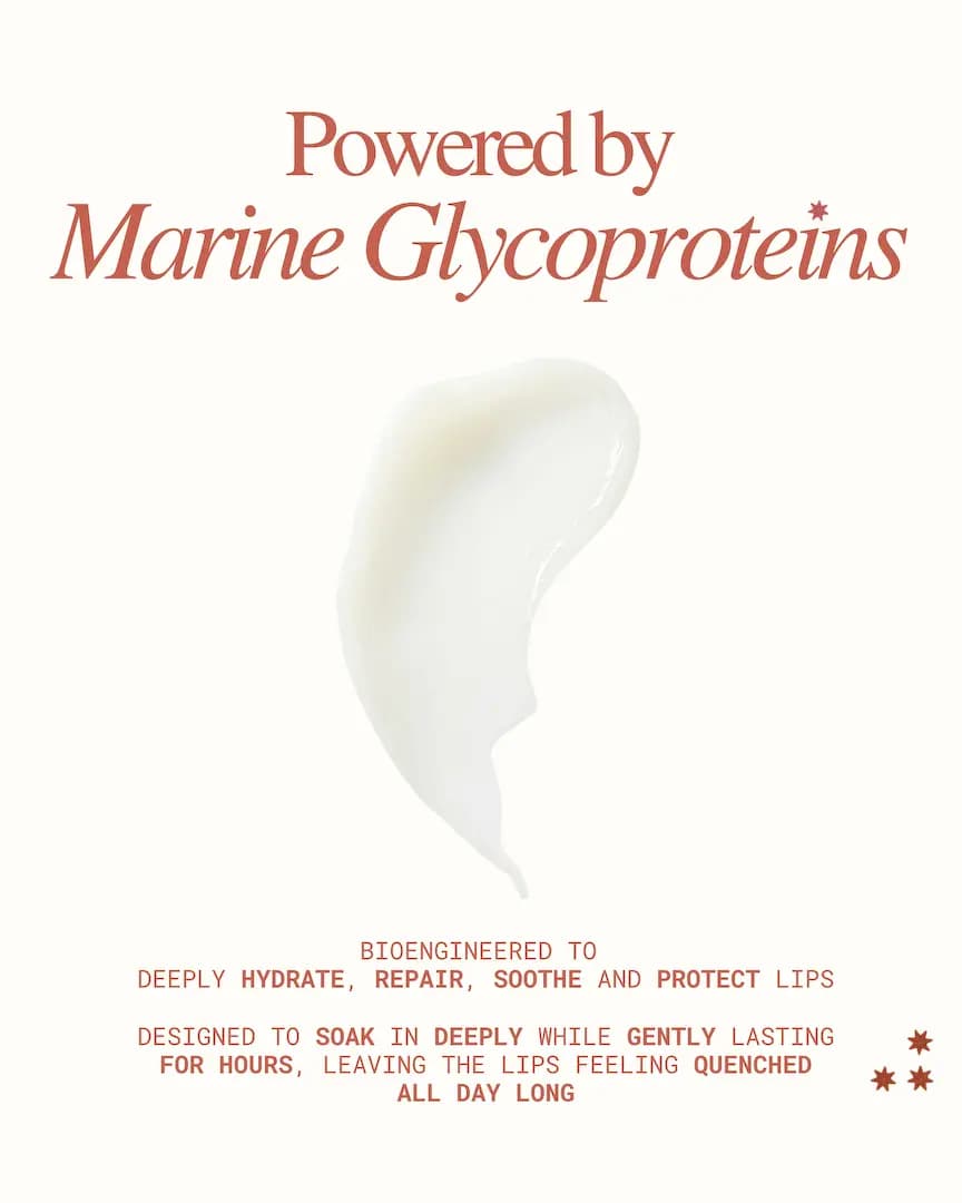 Creamy white swatch of lip treatment under the headline "Powered by Marine Glycoproteins" on a cream background