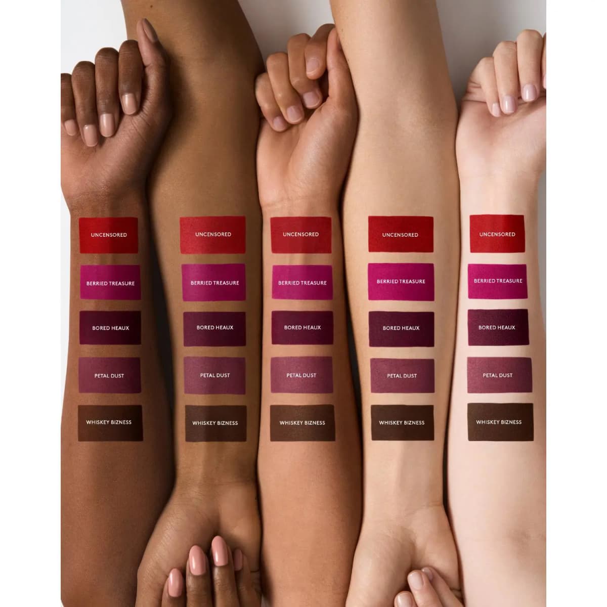 Five forearms of varied skin tones, each showing labelled rectangle swatches of all five shades from red to brown
