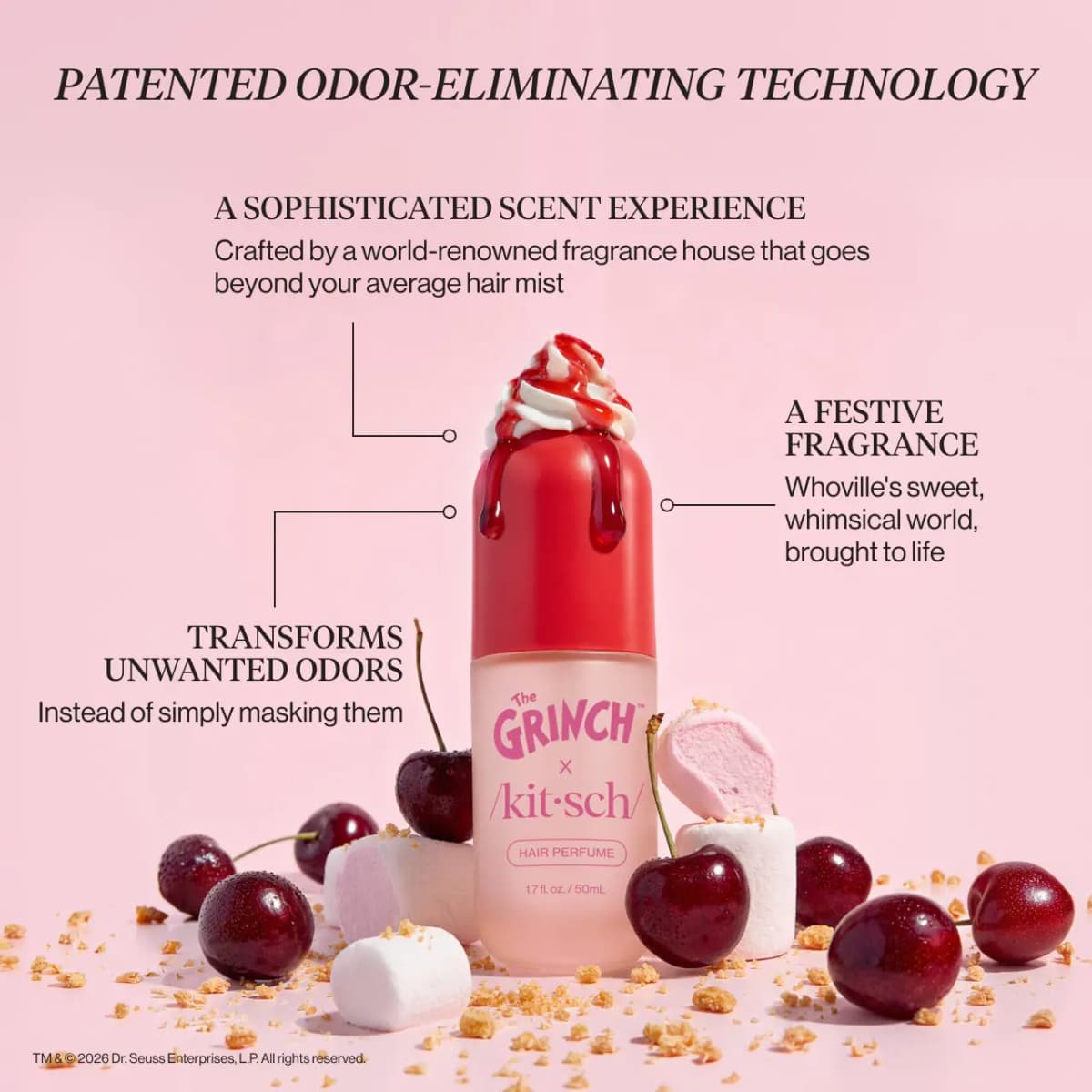 Bottle topped with whipped cream and dripping cherry syrup among cherries, marshmallows and crumbs, with feature callouts