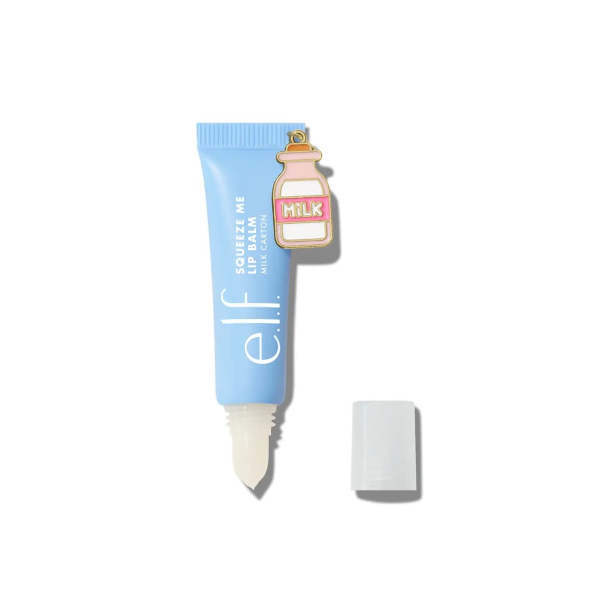 Light blue Milk Carton tube with pink milk bottle charm and white balm tip, clear cap set aside