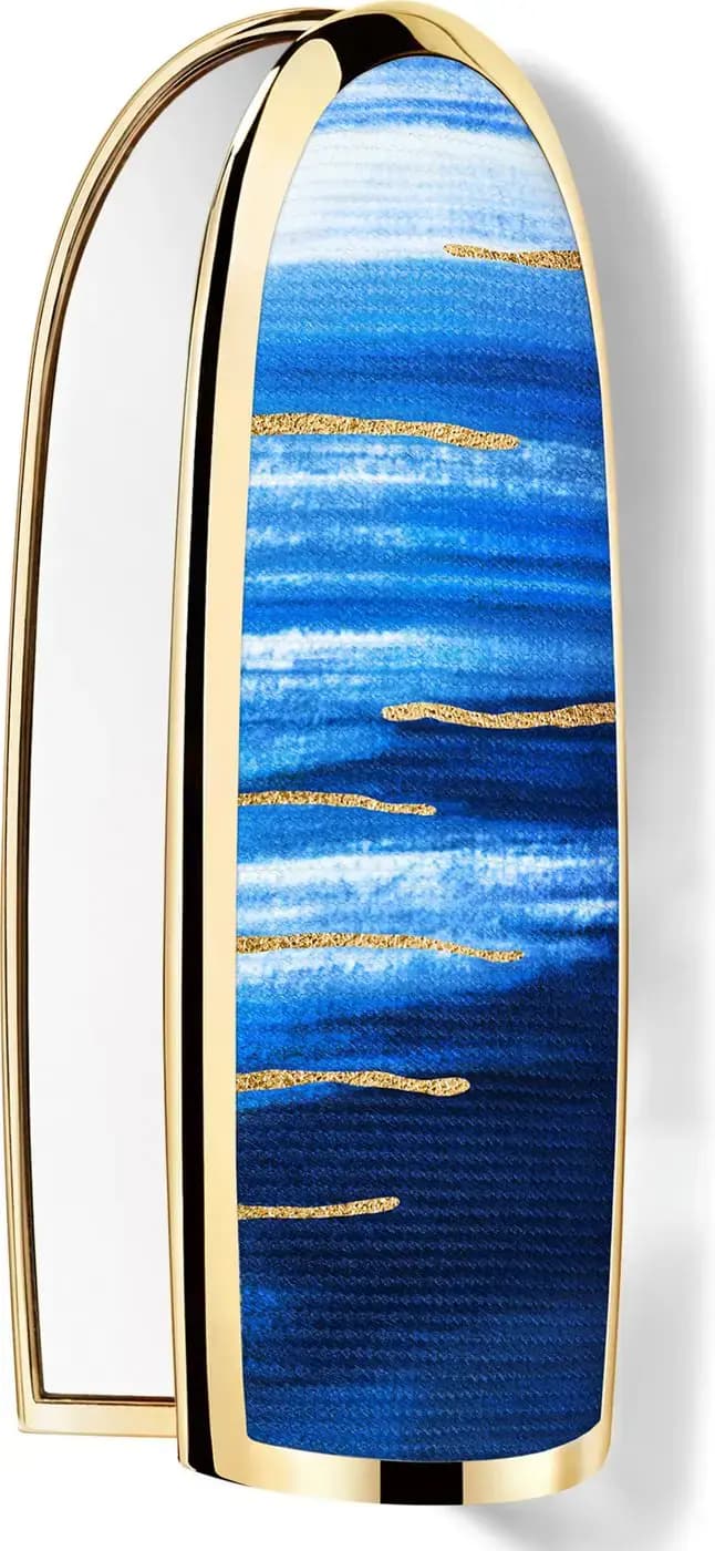 Gold-framed lipstick case with a brushstroke pattern in shades of blue and white, streaked with gold glitter lines.
