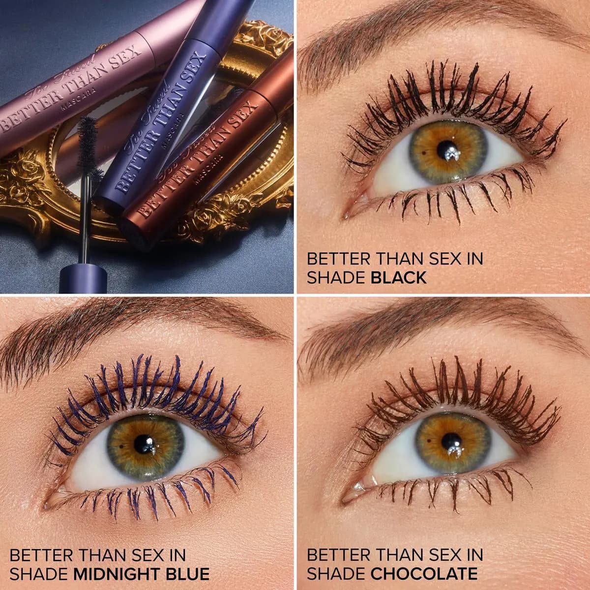 Midnight Blue, Black and Chocolate Better Than Sex shades on lashes