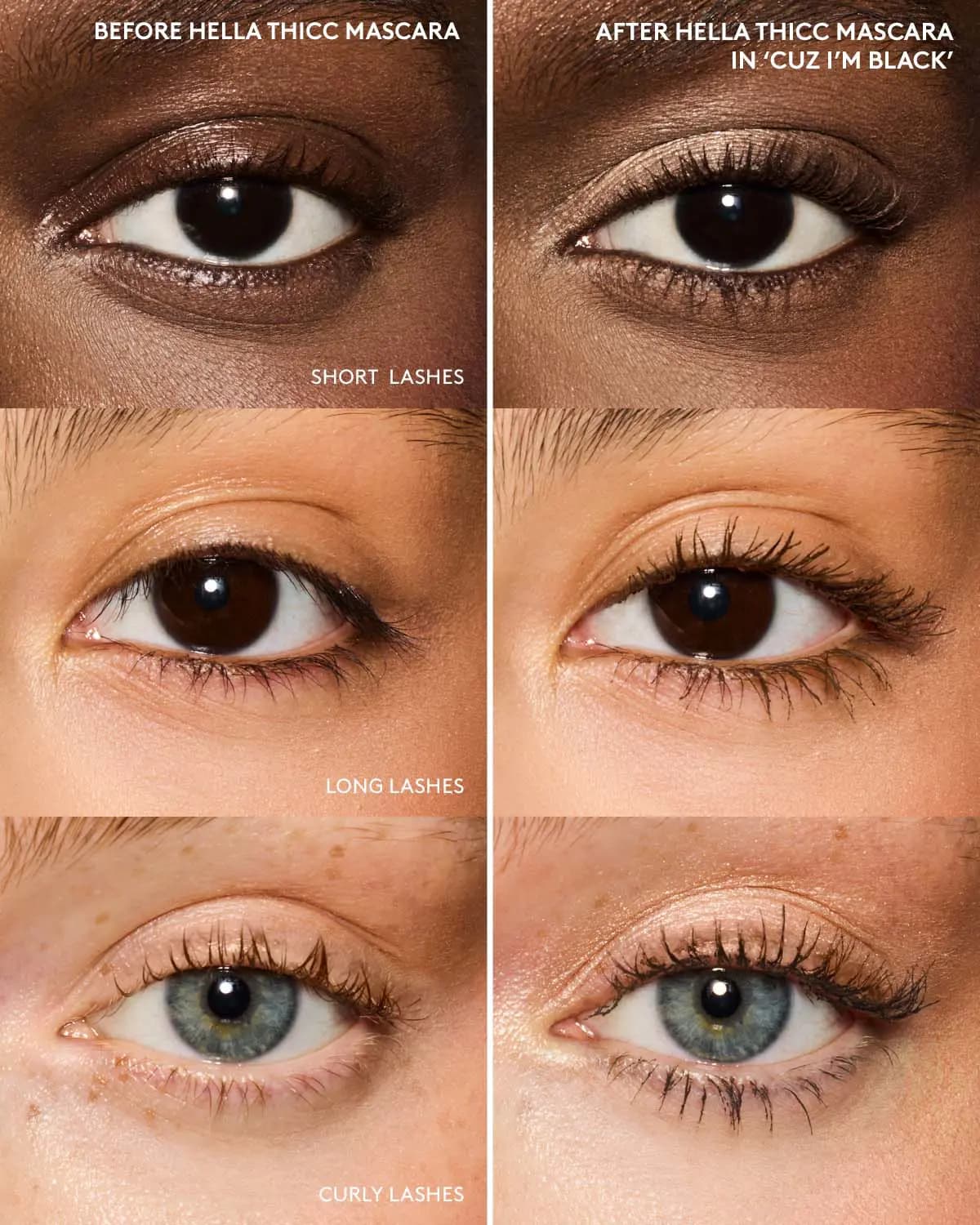 Before and after mascara comparison across three eyes with short, long, and curly lashes