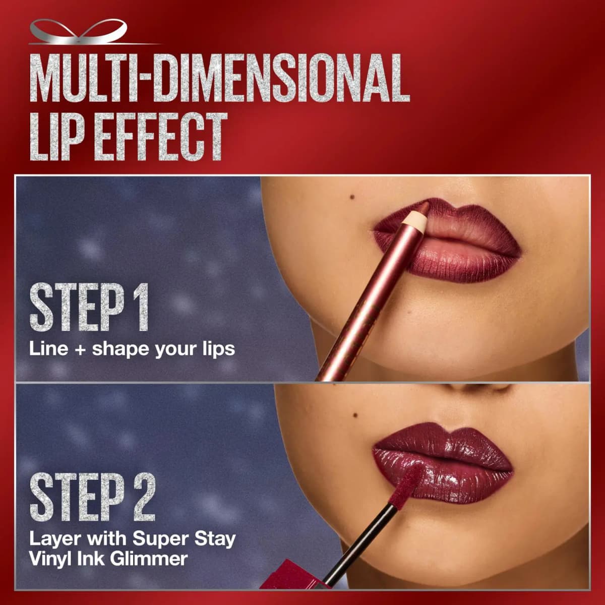 Two-step demo: lining lips with a metallic plum Lifter Liner, then layering glossy Vinyl Ink Glimmer on top