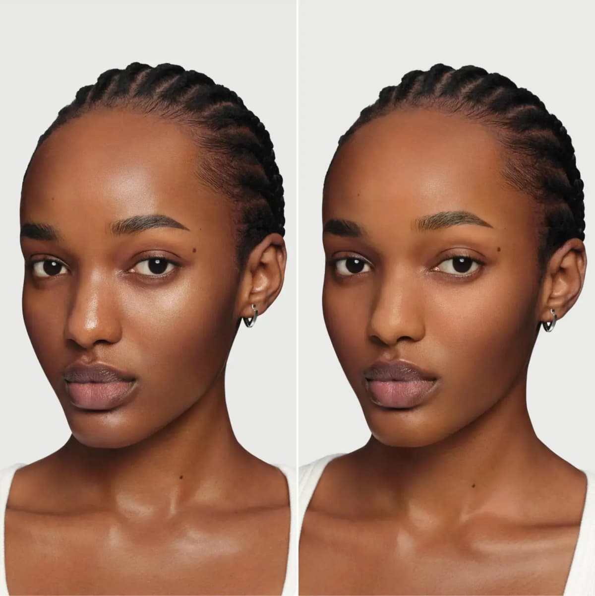Before and after of a deep skin tone model showing a softer matte finish and refined pores after use