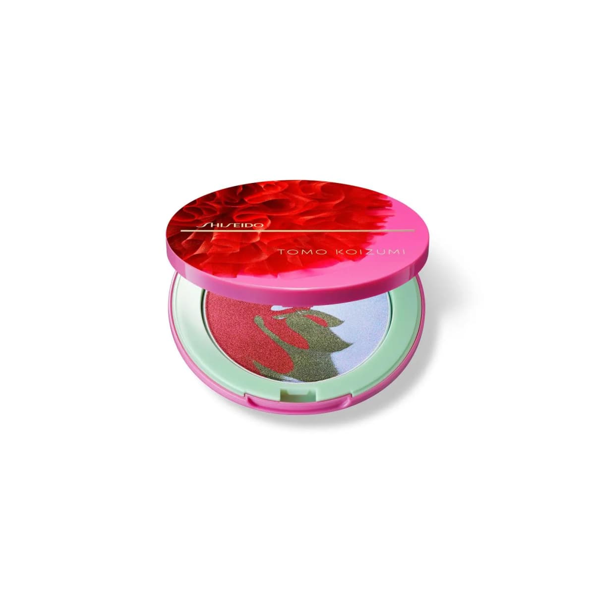 Open SHISEIDO Tomo Koizumi compact with red ruffle lid, holding red, olive and lilac shimmer powder