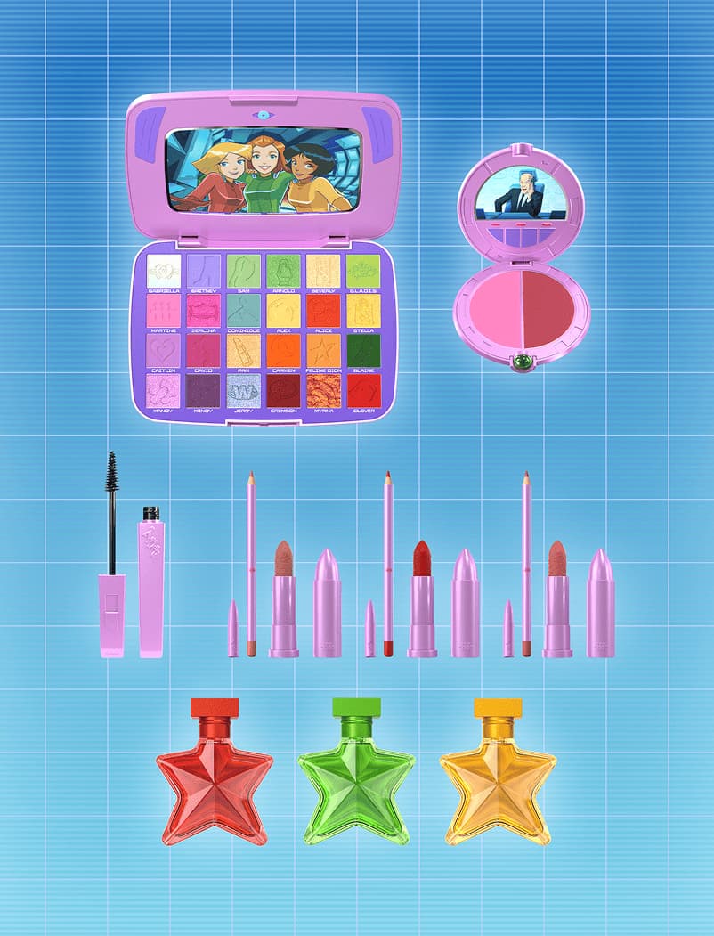 Full collection flat lay: laptop palette, round compact, mascara, lipsticks, lip pencils
