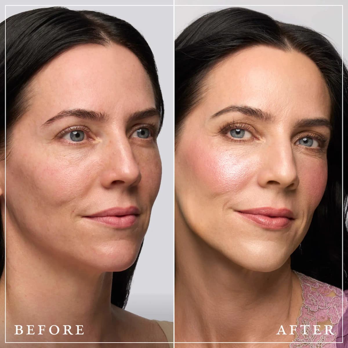Before and after of a dark-haired, blue-eyed woman with glowing pink cheeks, bronze eyes and soft shimmer after makeup.