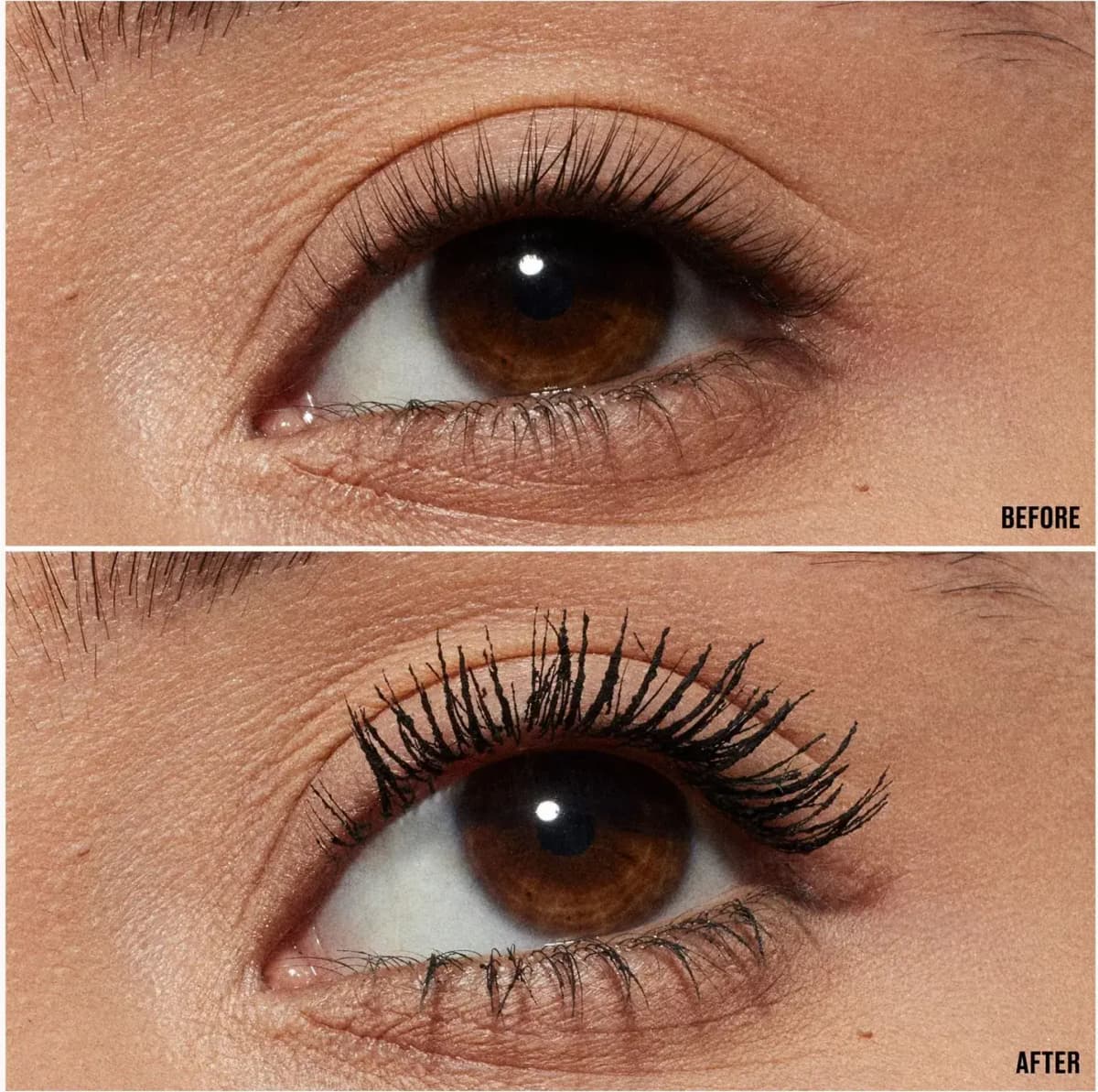 Before and after close-up of a brown eye, lashes longer, darker and more defined after M·A·CStack Mascara
