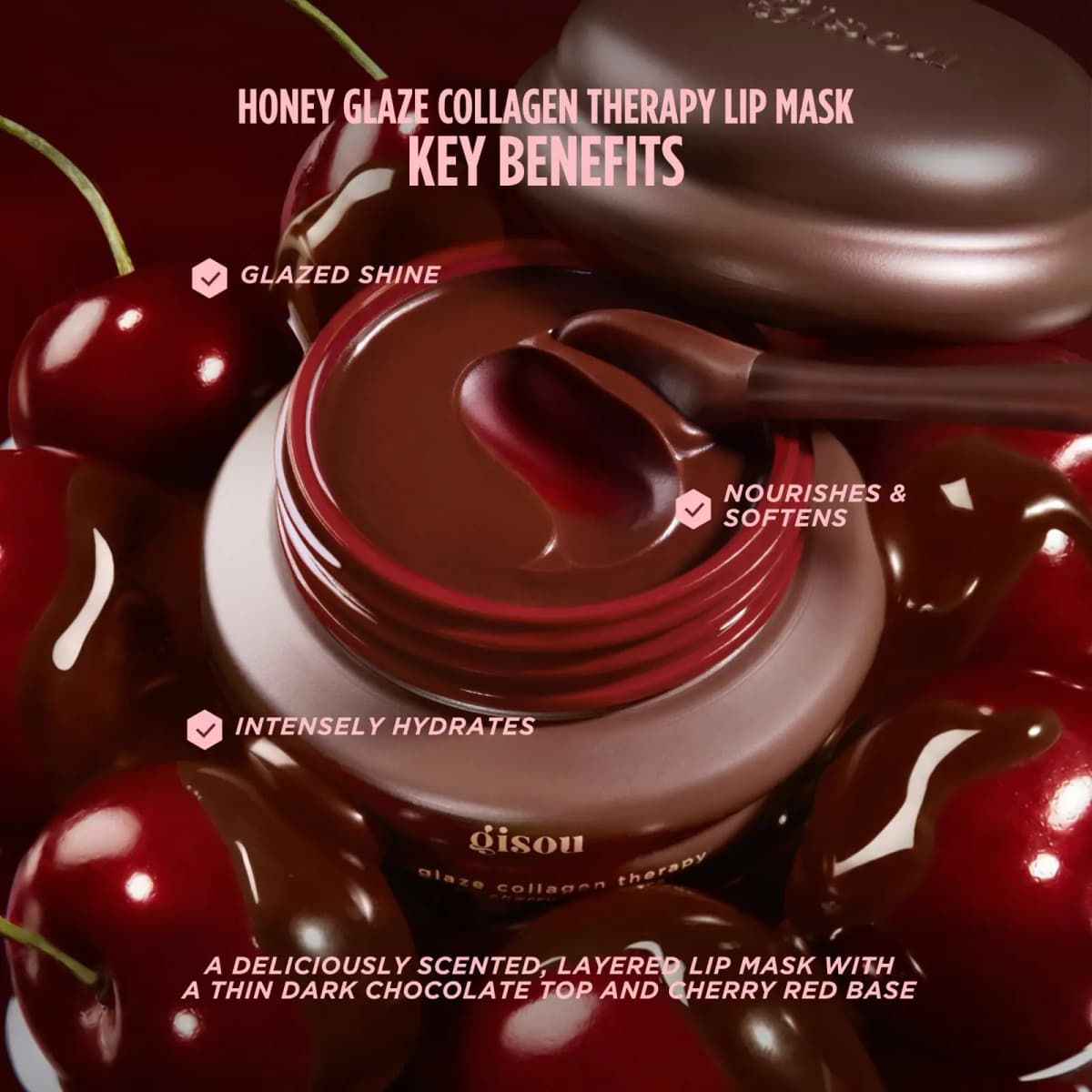 Open lip mask jar with brown spatula showing chocolate top and cherry red base, nestled among chocolate-coated cherries