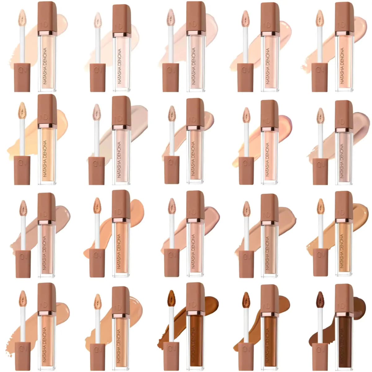 Grid of 20 concealer tubes with matching wands and swatches, from fair pink-beige to deep brown
