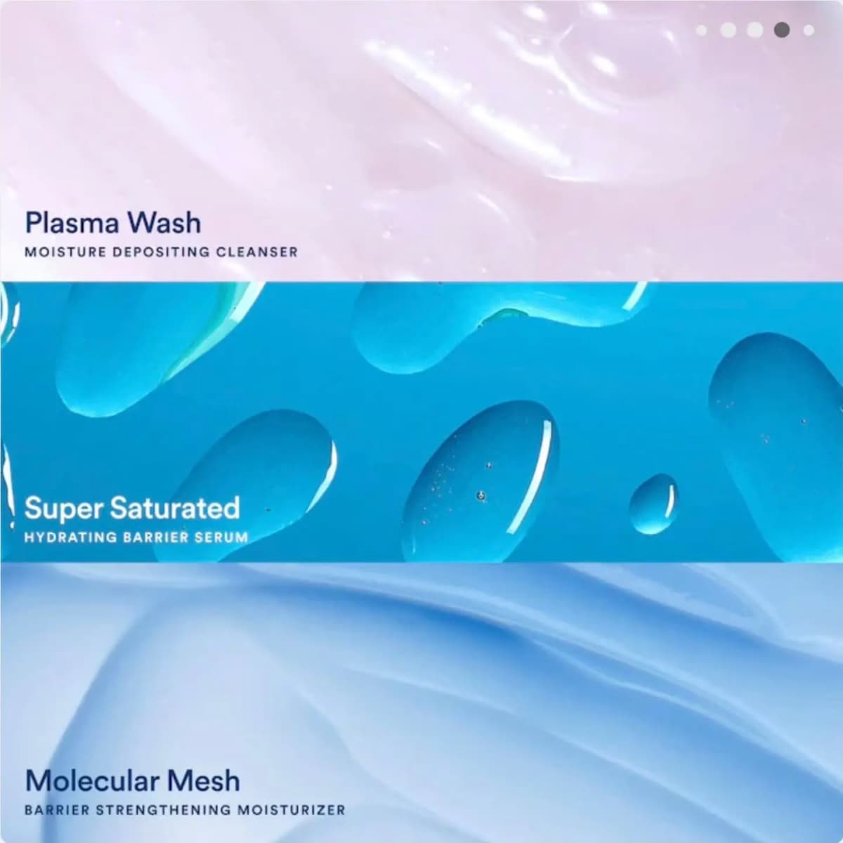 Three texture bands: pale pink cleanser gel, glossy teal serum droplets and smooth blue moisturiser cream